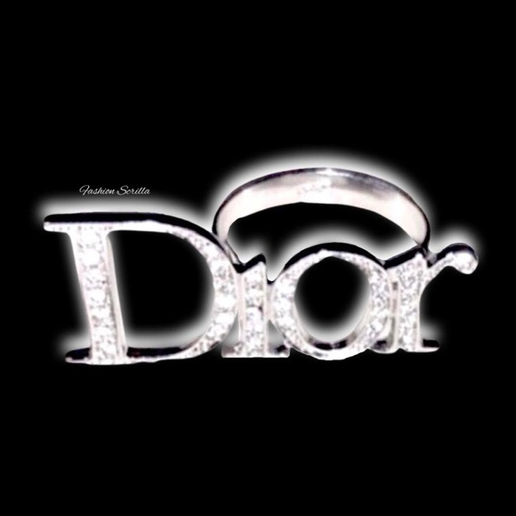 Dior Monogram Silver Logo Diamanté Spelled Out Double Finger Ring - Picture 16 of 16